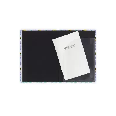 Pasta preta com capa translúcida e livro branco 'ADDRESS BOOK'