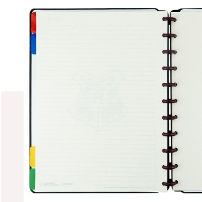 Caderno aberto com folhas pautadas e divisórias coloridas