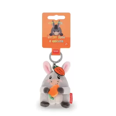 Chaveiro de burro de peluche cinzento com cenoura e embalagem laranja