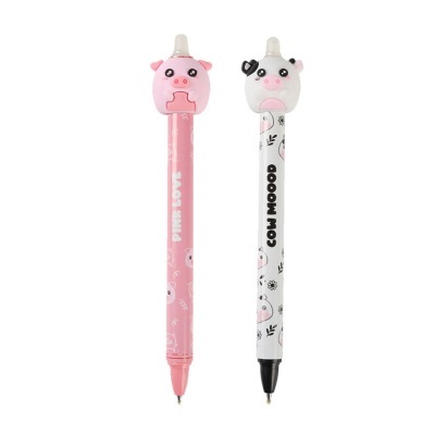 Duas canetas decorativas com cabeças de animais em rosa e branco