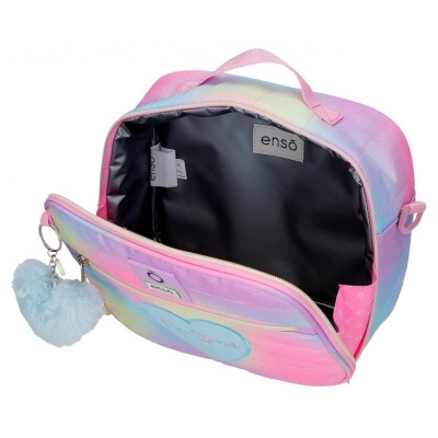 Mala pequena colorida com interior preto e pompom azul