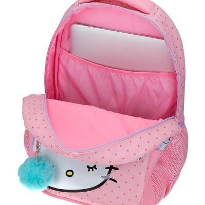 Mochila rosa com bolinhas vermelhas, compartimento aberto mostrando laptop prateado