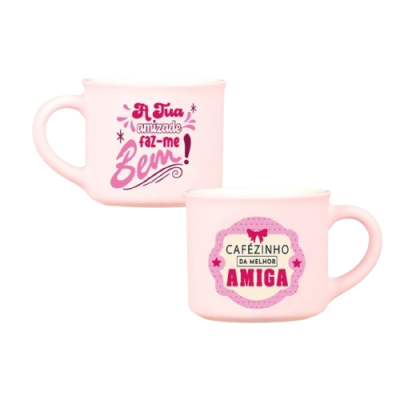 Duas canecas cor-de-rosa com mensagens sobre amizade