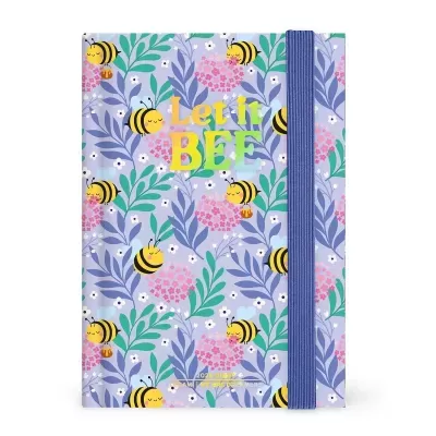 Caderno com capa floral lilás e abelhas, texto Let it BEE e elástico azul