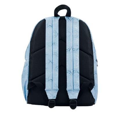 Mochila com costas pretas e alças azuis com padrão de teias.