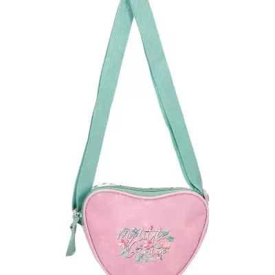 Mala de criança coração cor-de-rosa com alça verde água e texto bordado