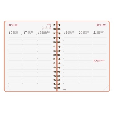 Agenda semanal aberta com páginas brancas e capa rosa nas bordas, datas e texto 03/2026 visíveis