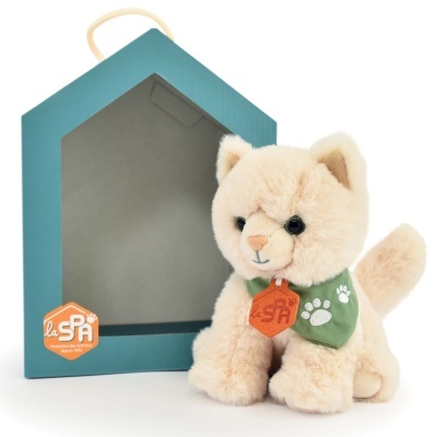 Peluche de gato creme com bandana verde e embalagem azul de casinha