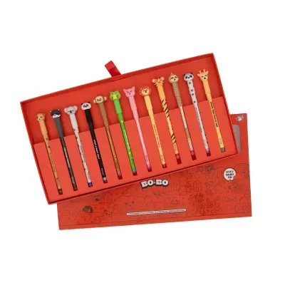 Conjunto de 12 canetas coloridas apagáveis com tampas de animais dentro de caixa vermelha.