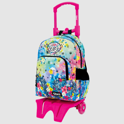 mochila com rodas cor de rosa com estampa floral colorida e texto EMOTIONS DERFUL