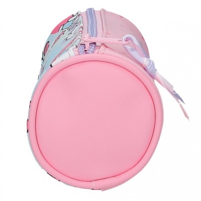 Estojo cilíndrico cor-de-rosa com fecho lilás e cordão branco