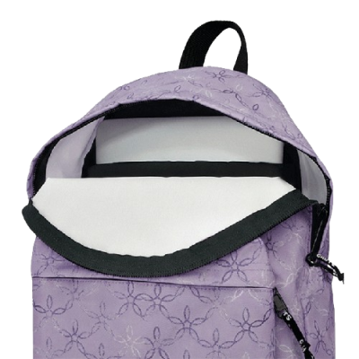 Mochila lilás com padrão branco, interior branco e fecho preto