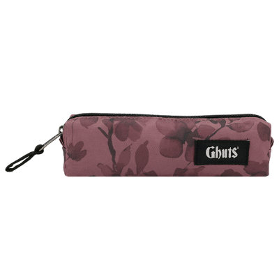 estojo retangular rosa com flores e etiqueta Ghuts