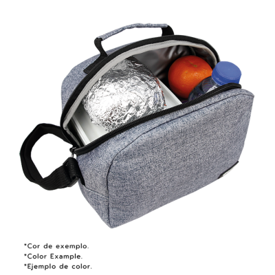 Bolsa térmica cinzenta aberta com comida e bebida dentro