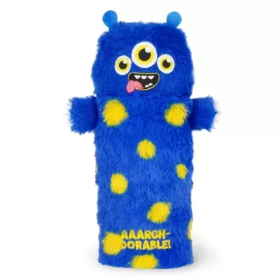 Fantoche de mão azul felpudo com olhos amarelos, manchas amarelas e texto AARGH-DORABLE!