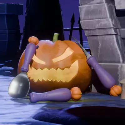 Abóbora esculpida de Halloween com luvas roxas e colher de metal, cenário rochoso e colunas