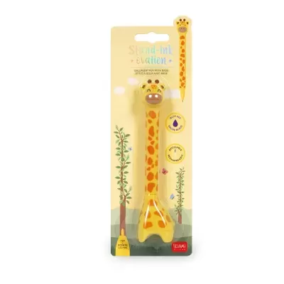 Caneta de bola com base em forma de girafa amarela com manchas castanhas em embalagem cartão amarelo
