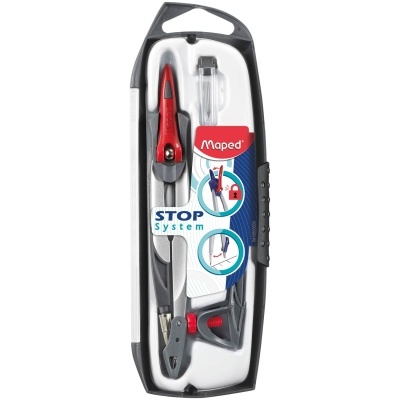 Estojo de compasso Maped Stop System cinza e vermelho com embalagem