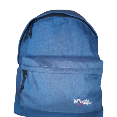 Mochila azul com fechos de correr e logótipo MACONDO