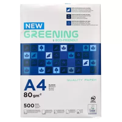 Pacote de papel A4 branco e azul com ícones ecológicos