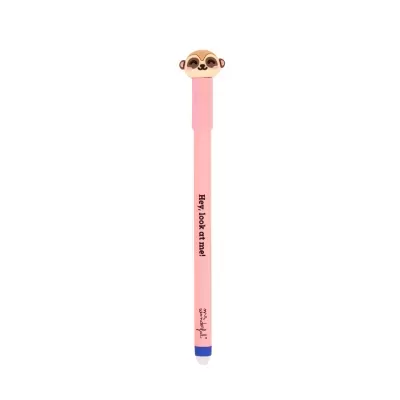 Caneta cor-de-rosa com cabeça de suricata sorridente e texto vertical.