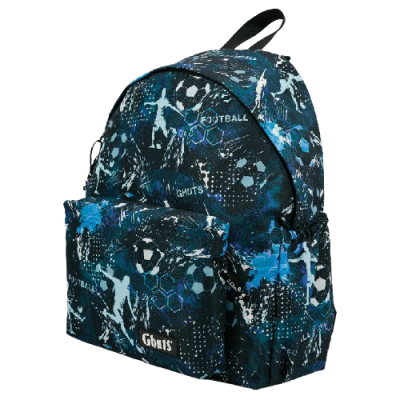 Mochila esportiva azul e preta com padrão futebol e bolso frontal
