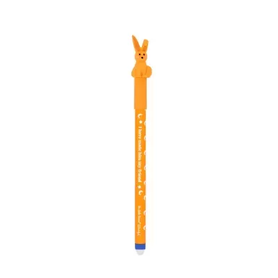 Caneta laranja com figura de coelho na tampa e texto em branco