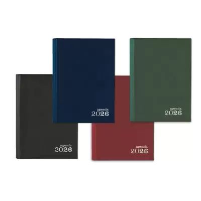 Quatro agendas coloridas encadernadas com texto branco agenda 2026