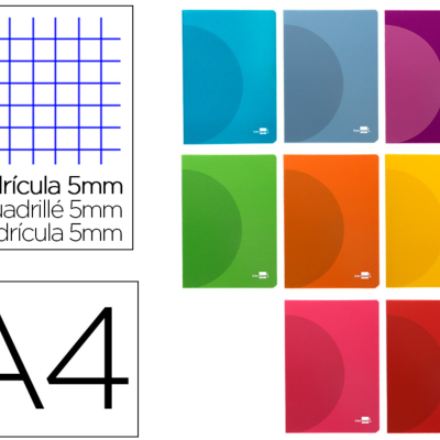 Oito cadernos coloridos A4 com capa mole e padrão circular, quadrícula 5mm.