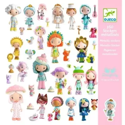 Figura com personagens infantis coloridos e texto sobre 160 stickers metálicos da marca DJECO