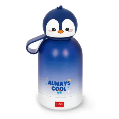 Garrafa térmica em forma de pinguim azul com texto ALWAYS COOL