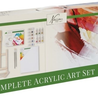 Conjunto de pintura acrílica com cavalete, telas, pincéis, tintas em embalagem branca e verde