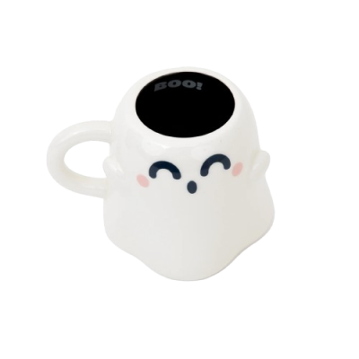 Caneca branca de cerâmica em forma de fantasma com rosto sorridente e interior preto com texto 'BOO!'