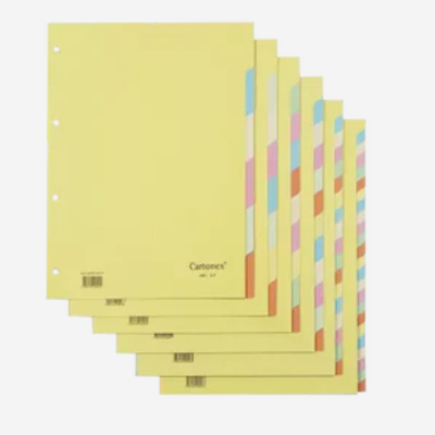 Conjunto de separadores de papel Cartonex amarelos com divisores coloridos e furos para fichário