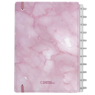 Caderno de capa rosa mármore com argolas transparentes e texto CADERNO INTELIGENTE®