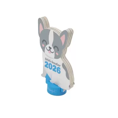 Calendário de mesa em forma de cão cinzento e branco com texto DOG-lendar 2026