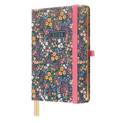 Agenda floral com elástico cor-de-rosa marcada com '2026'.