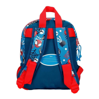 Mochila infantil azul e vermelha com padrões do Homem-Aranha e alças ajustáveis