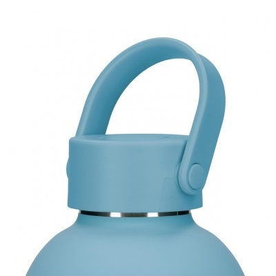 Tampa azul com pega robusta e acabamento metálico prateado