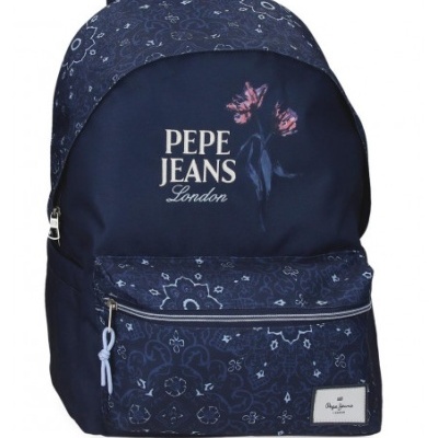 Mochila azul escura com padrão floral e texto Pepe Jeans London.