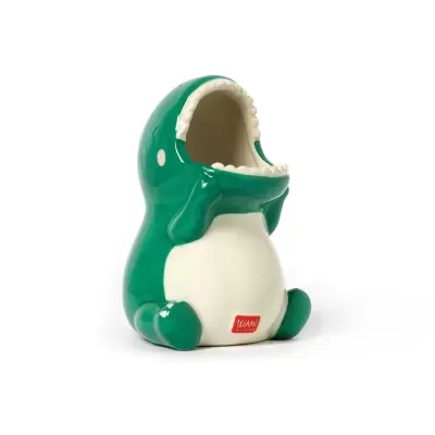 Recipiente de cerâmica em forma de dinossauro verde e branco com boca aberta
