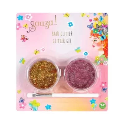 Gel brilho cabelo Souza Hair Glitter dourado e rosa com pincel