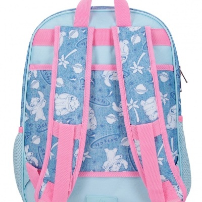 Mochila azul com padrão de personagens e detalhes cor-de-rosa