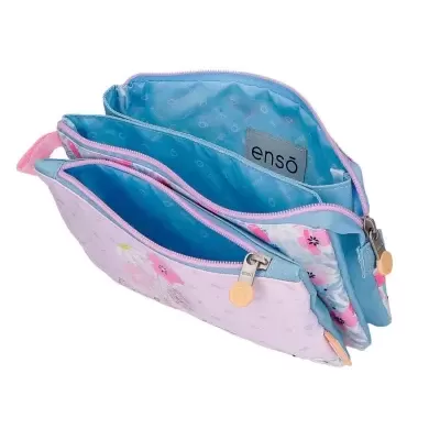 Estojo azul e rosa com três compartimentos e padrão floral da marca ensō