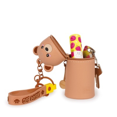 Estojo castanho em forma de urso com pulseira e batom