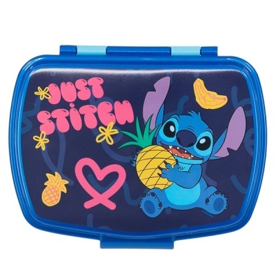 Marmita azul com personagem Stitch e texto Just Stitch