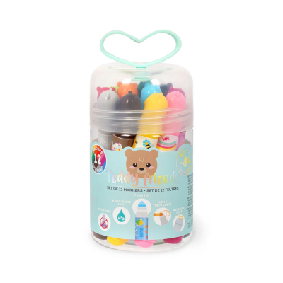 Conjunto de marcadores Teddy Friends em frasco plástico com tampa e pega em forma de coração