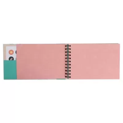 Álbum de fotografias rosa com encadernação espiral e bolso interior verde