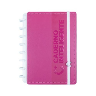 Caderno inteligente rosa com elástico branco e argolas brancas.