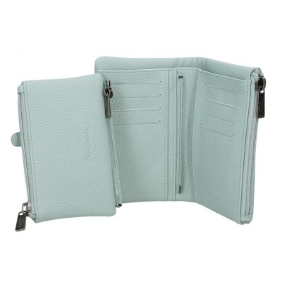 Carteira em couro verde-água com várias divisórias e fechos